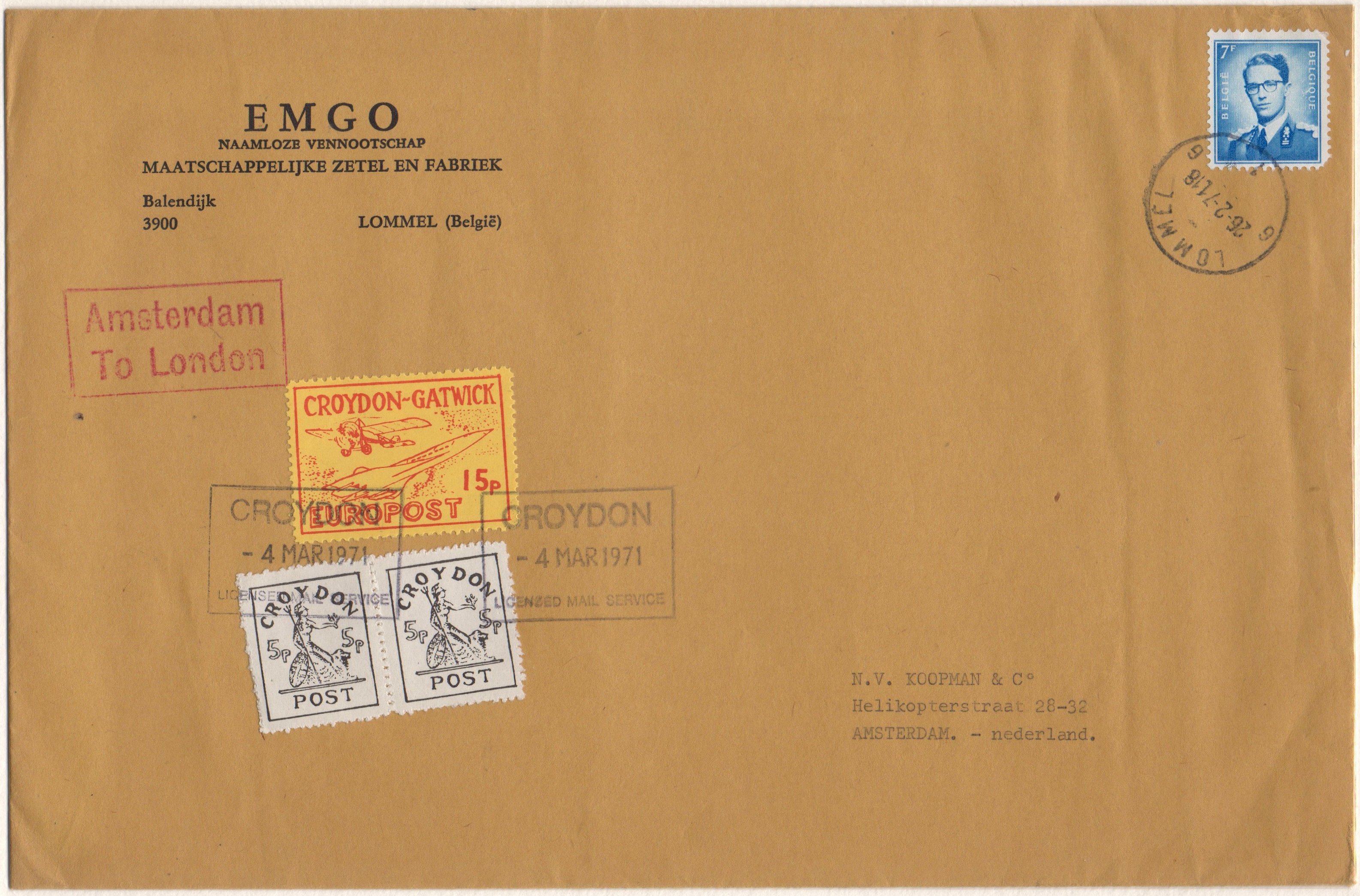 1971 Croydon Gatwick Strike Post cover with multiple CGP franking from Lommel Belgium, March 4th 1971